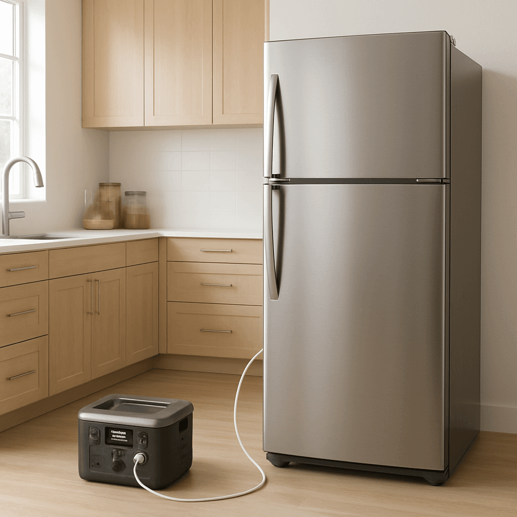 A portable power station running a refrigerator in a home kitchen