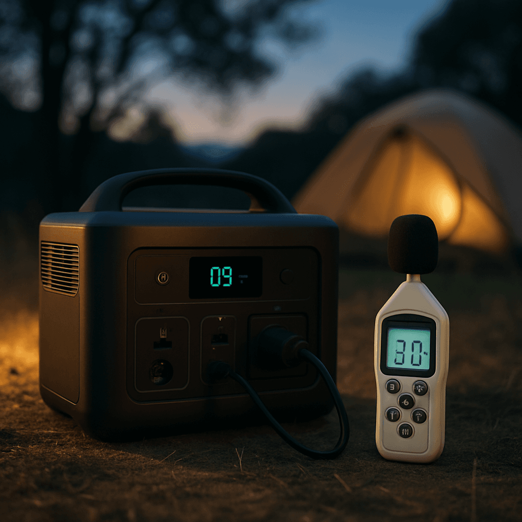A portable power station running outdoors at a campsite with a decibel meter beside it
