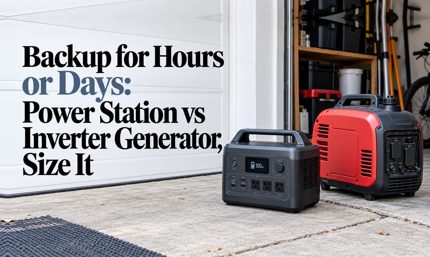 Backup for hours or days - a portable power station beside a red inverter generator in a garage doorway